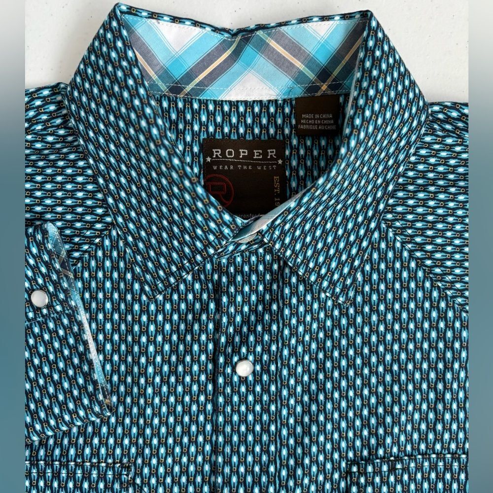 Roper Men's Large Teal White Black Gold‎ Graphic Snap Button Up Long Sleeve